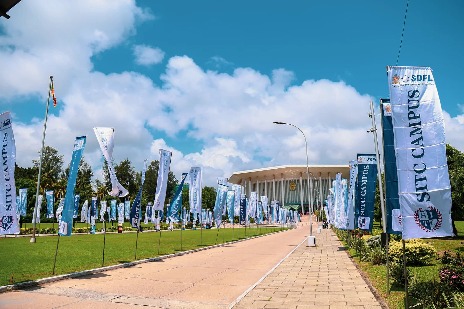 Flags lining the approach to the convocation venue