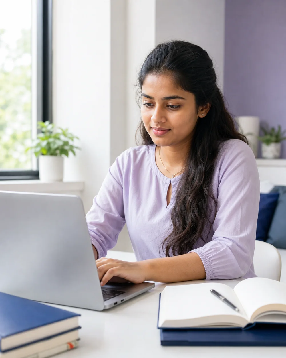 Sri Lankan learner studying English online with a laptop and notebook