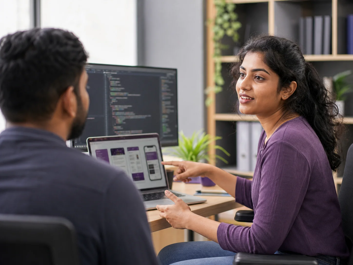 Sri Lankan software engineer reviewing a completed web product with a colleague