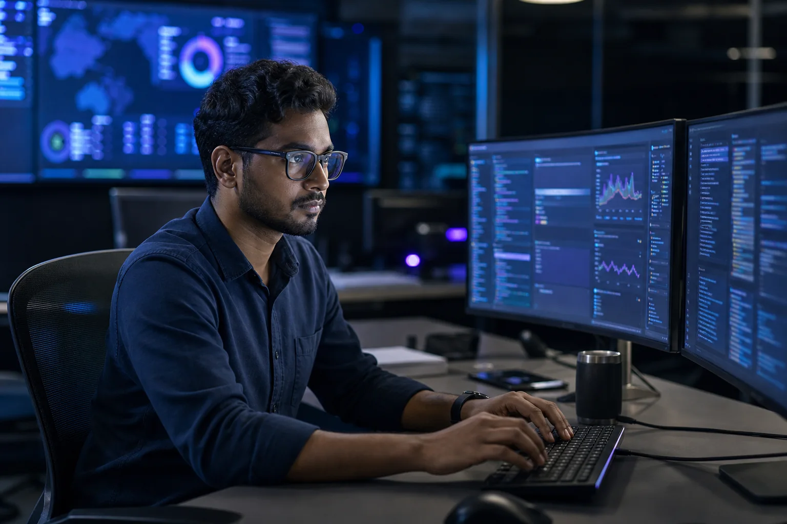 Sri Lankan DevOps and cyber security engineer monitoring secure infrastructure