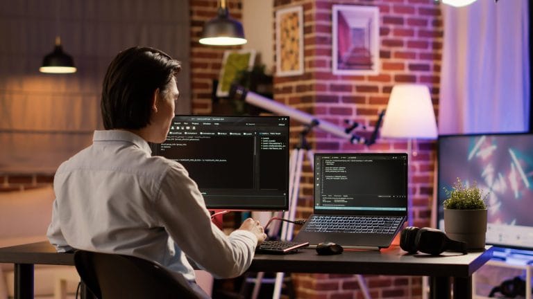 Male Coder Programming Server Encryption Firewall Software Using Security Network Code System Data Development Working With Text Information Script Program