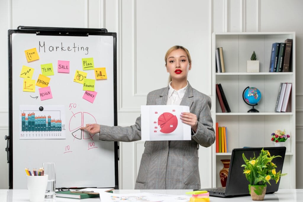 Marketing Young Pretty Cute Business Lady Grey Blazer Office Explaining Pie Chart1