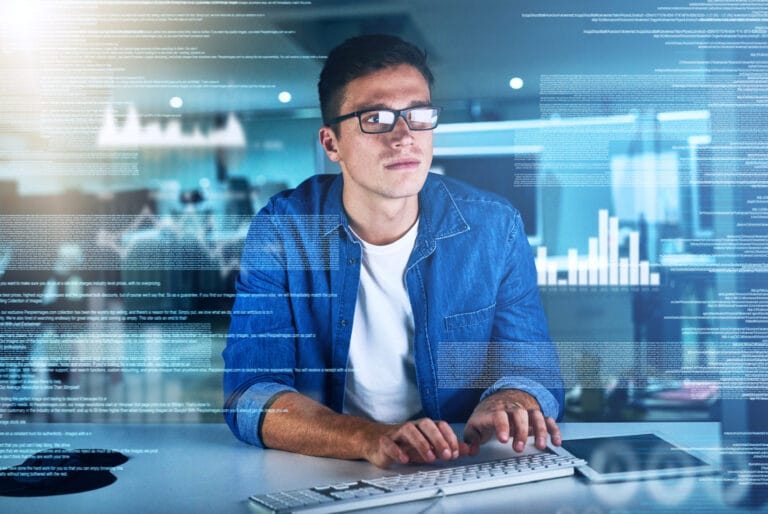 Night Programmer Man Office Typing Overlay Interface Keyboard Software Dark Dashboard Coder Agency Information Technology Ideas Programming Data Web