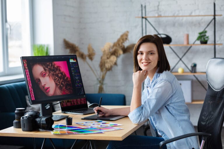 Photographer Graphic Designer Working Office With Laptop Monitor Graphic Drawing Tablet Color Palette